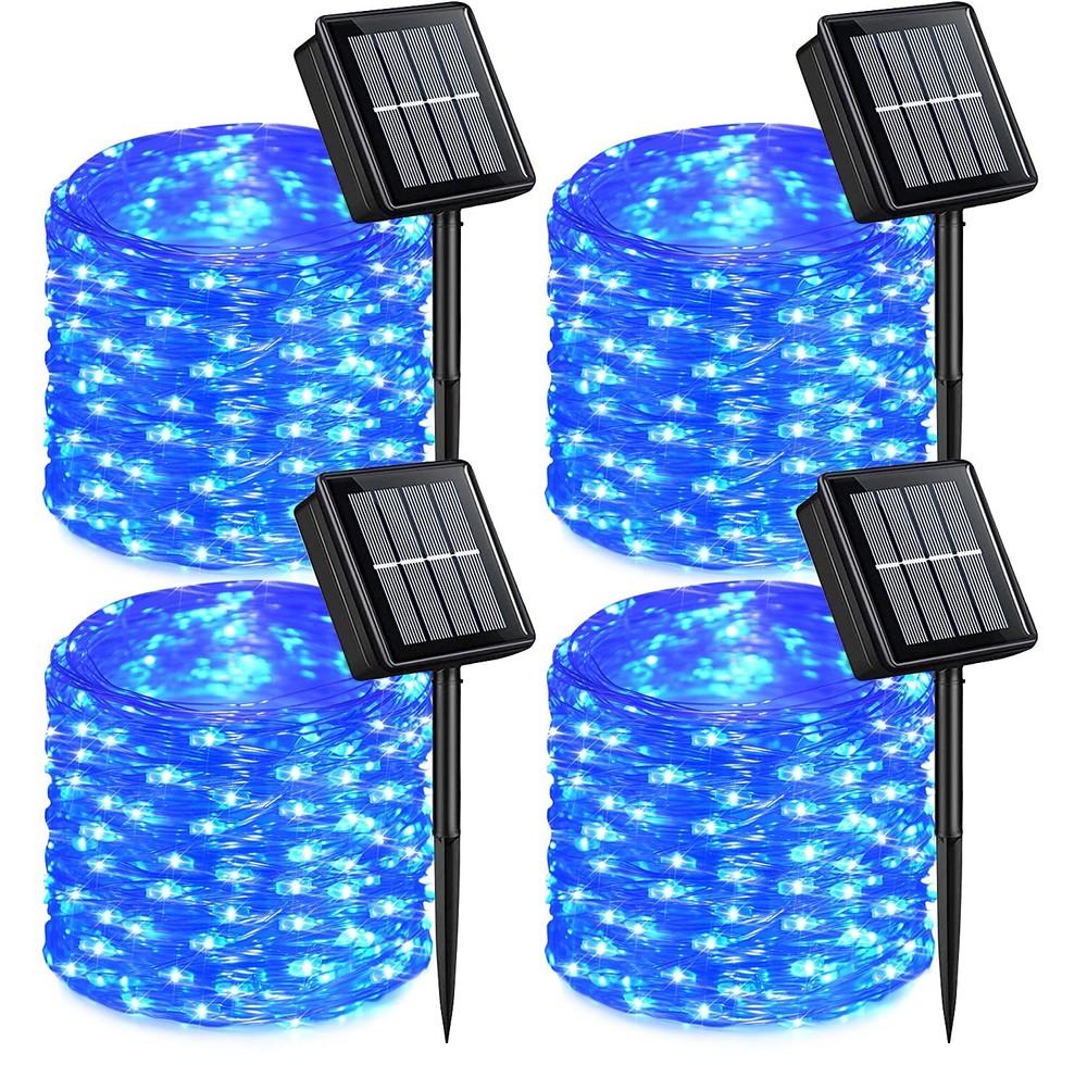 4 Pack Blue Solar Fairy Lights, Each 33ft 100 LED Solar Christmas Lights Outd...
