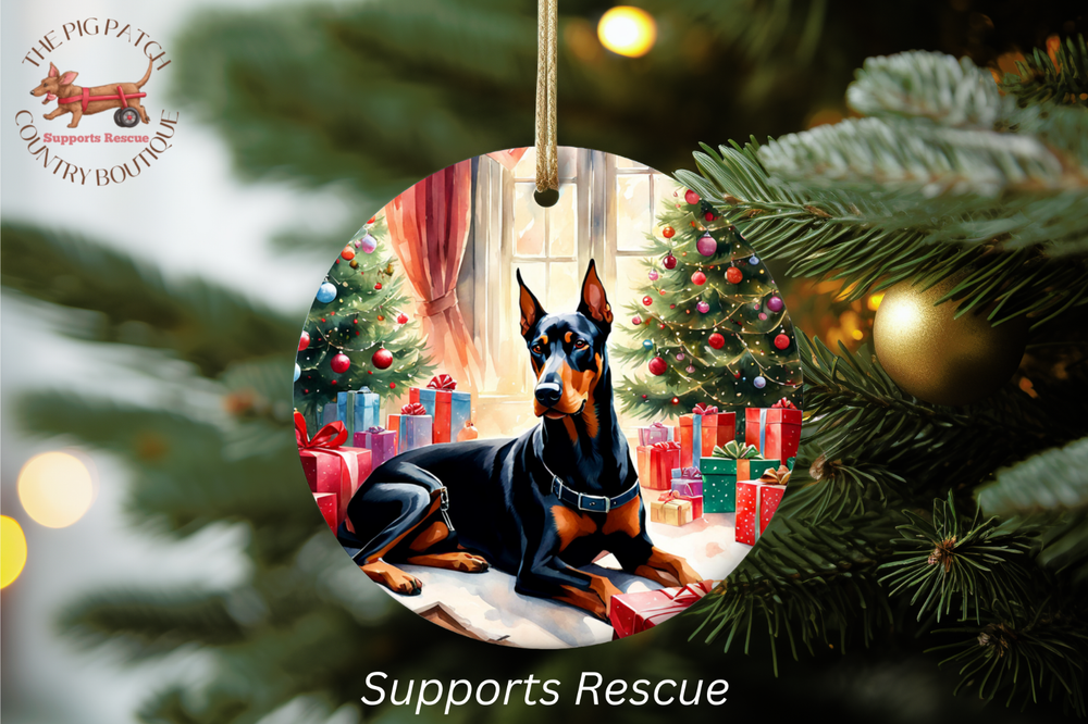 Doberman Dog Christmas Holiday Hanging Ceramic Ornament