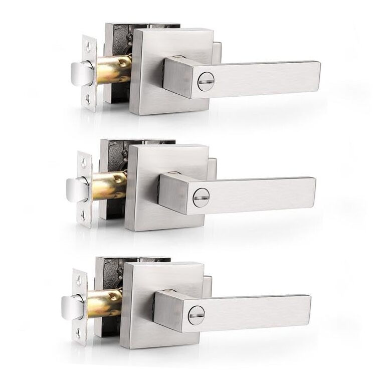 Heavy Duty Square Satin Nickel Privacy Door Levers, Interior Keyless Locks