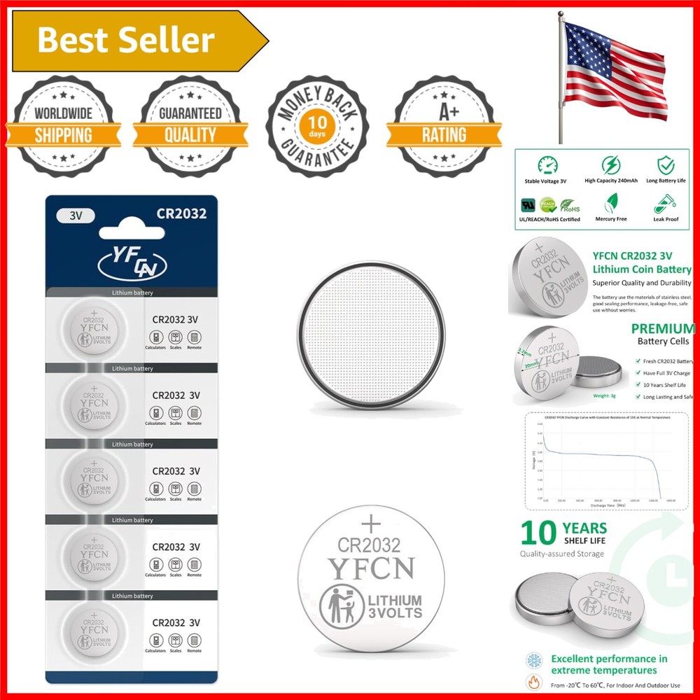 High Capacity 3V Lithium CR2032 Battery Pack - 5 Counts with Child-Safe Design