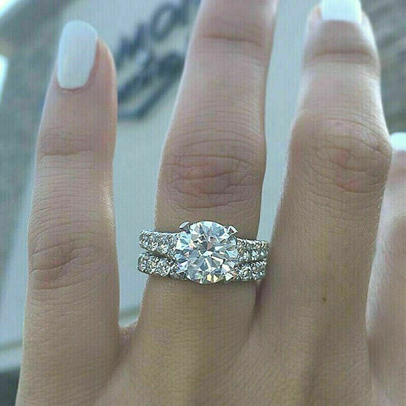 3Ct Round Cut Simulated Diamond Stunning Bridal Ring Set 14k White Gold Plated