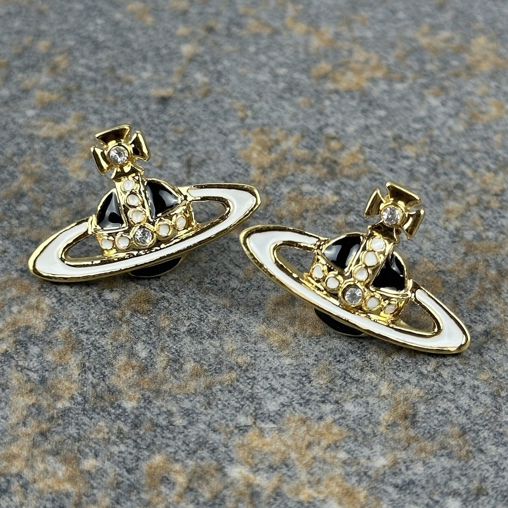 vivienne westwood earrings, Gold, White & Black Orb Studs With White Crystals