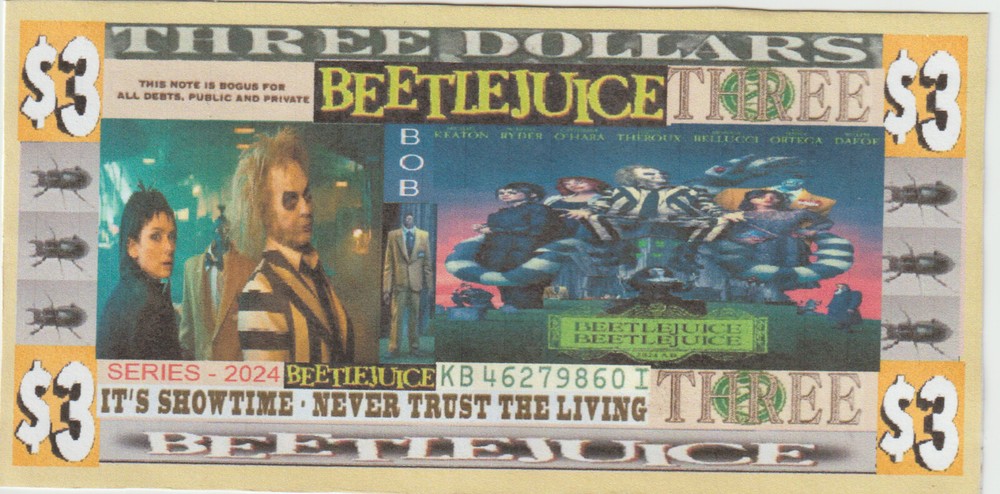 2024 BeetleJuice Michael Keaton Jenna Ortega $3 Hard Feel Novelty Bill Buy Now .-image