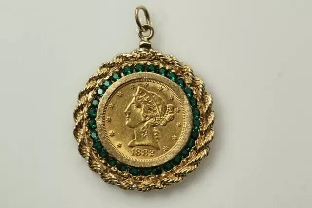 3Ct Round Lab-Created Emerald Liberty Coin Pendant 14K Yellow Gold Plated Silver