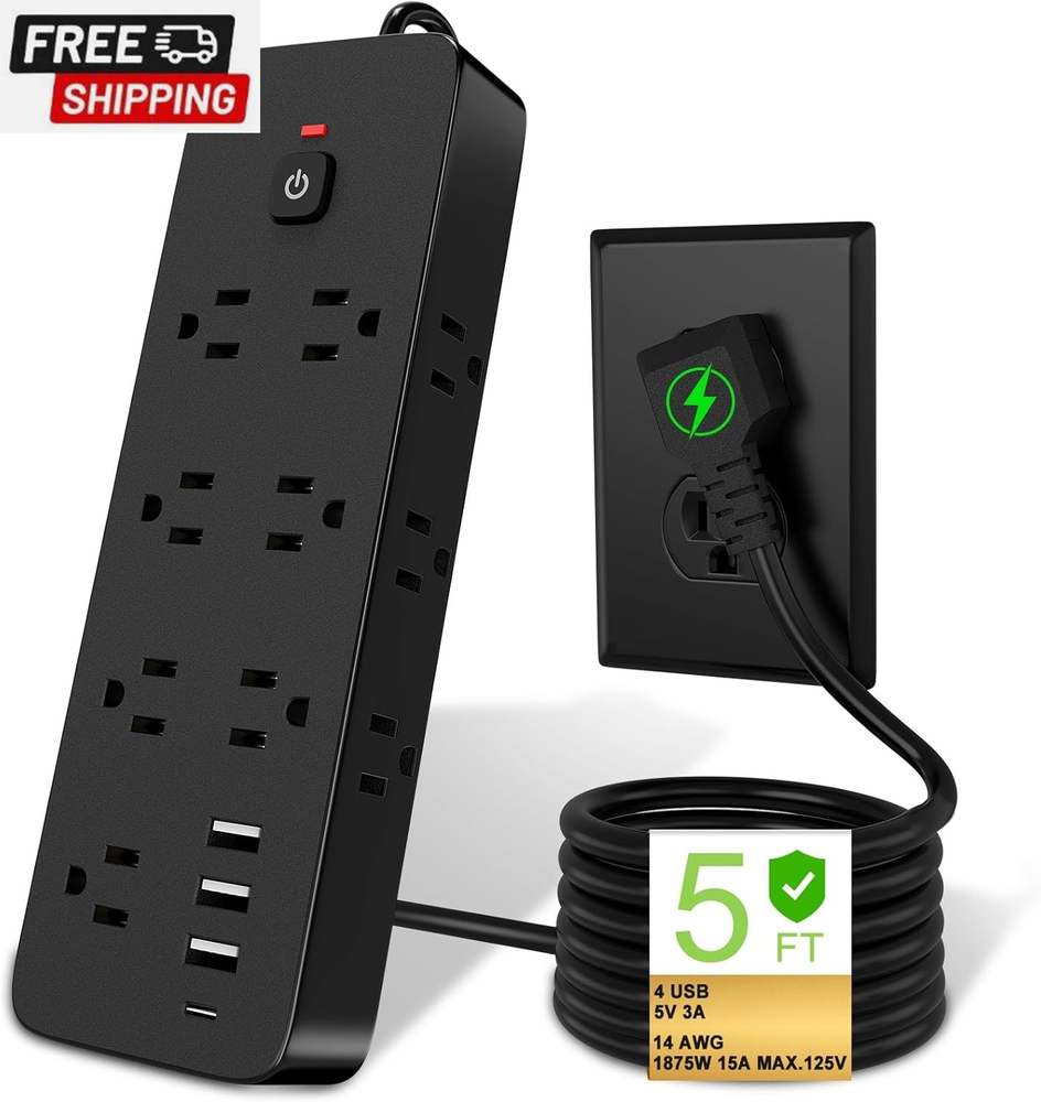 Surge Protector Power Strip, 14 AC Outlets with 3 USB Ports and 1 USB C, 5FT Fla