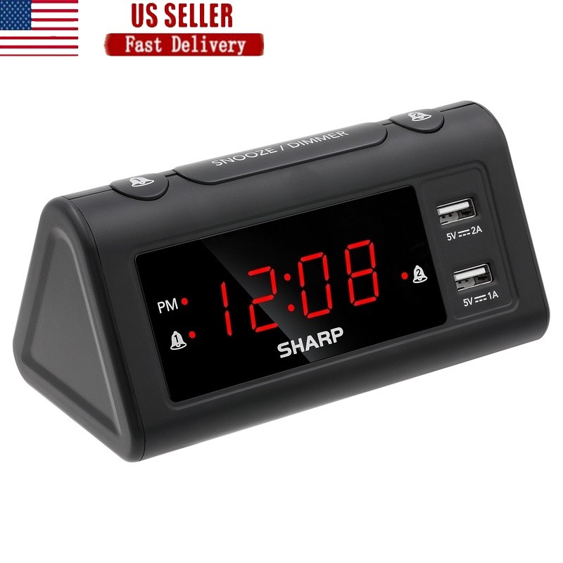 Dual Alarm Clock with USB Ports Battery Backup Brightness Control Snooze