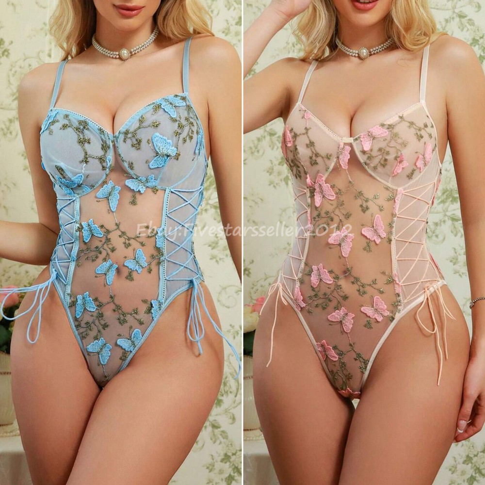 Women's Sheer Embroidered Teddy Babydoll Lingerie Sleepwear Nightwear Underwear US