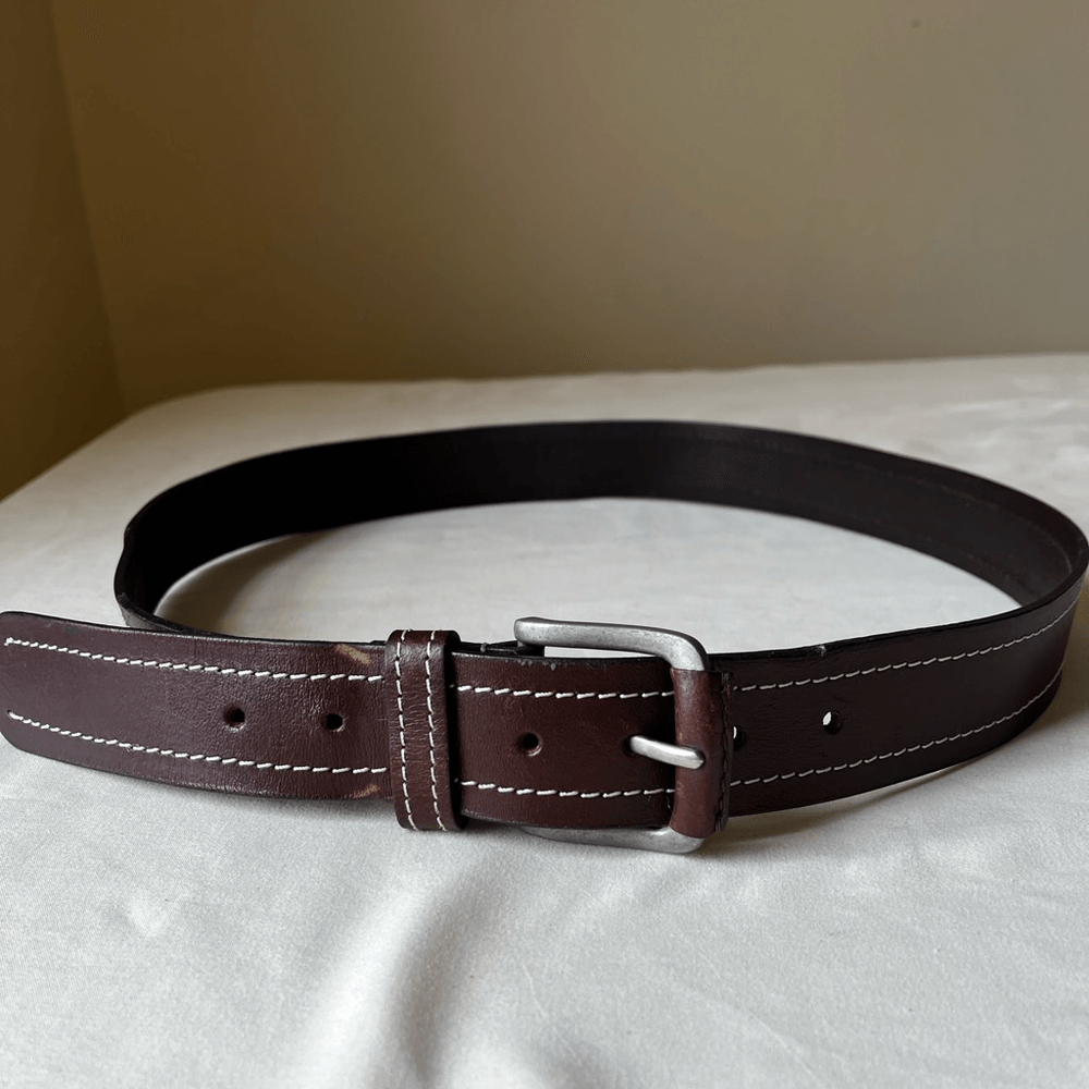 Dark Brown Leather Belt White Contrast Stitching Silver Buckle Large