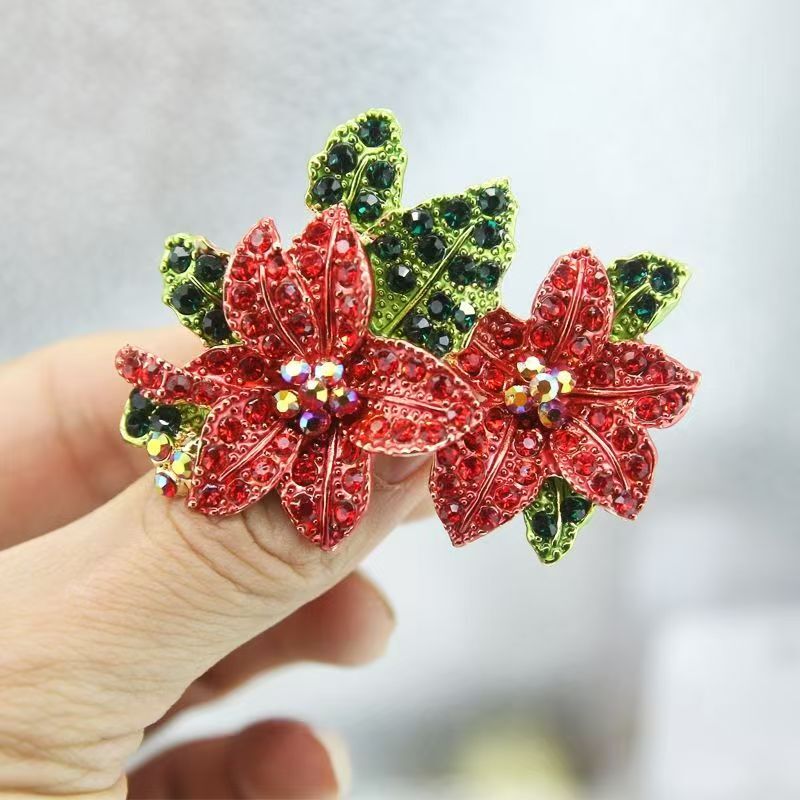 Poinsettias Christmas Crystal Rhinestone Brooch Pin / Pendant Gold Bag- VIDEO