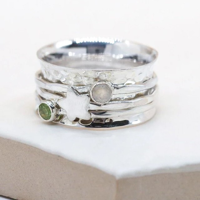 Solid 925 Sterling Silver Rainbow Moonstone Star Spinner Ring for Women