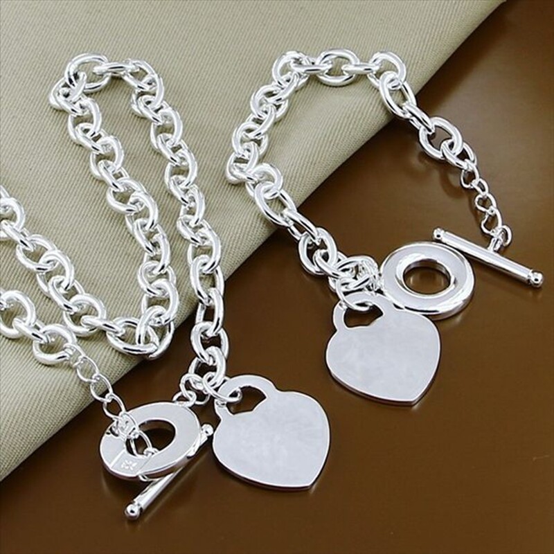 925 Sterling Silver Heart Charm Necklace & Bracelet Set for Women - Gift