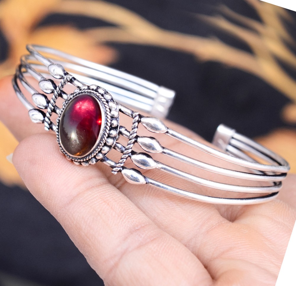 Garnet Big Gemstone 925 Sterling Silver Cuff Bangle Unisex Jewelry Brother Gift