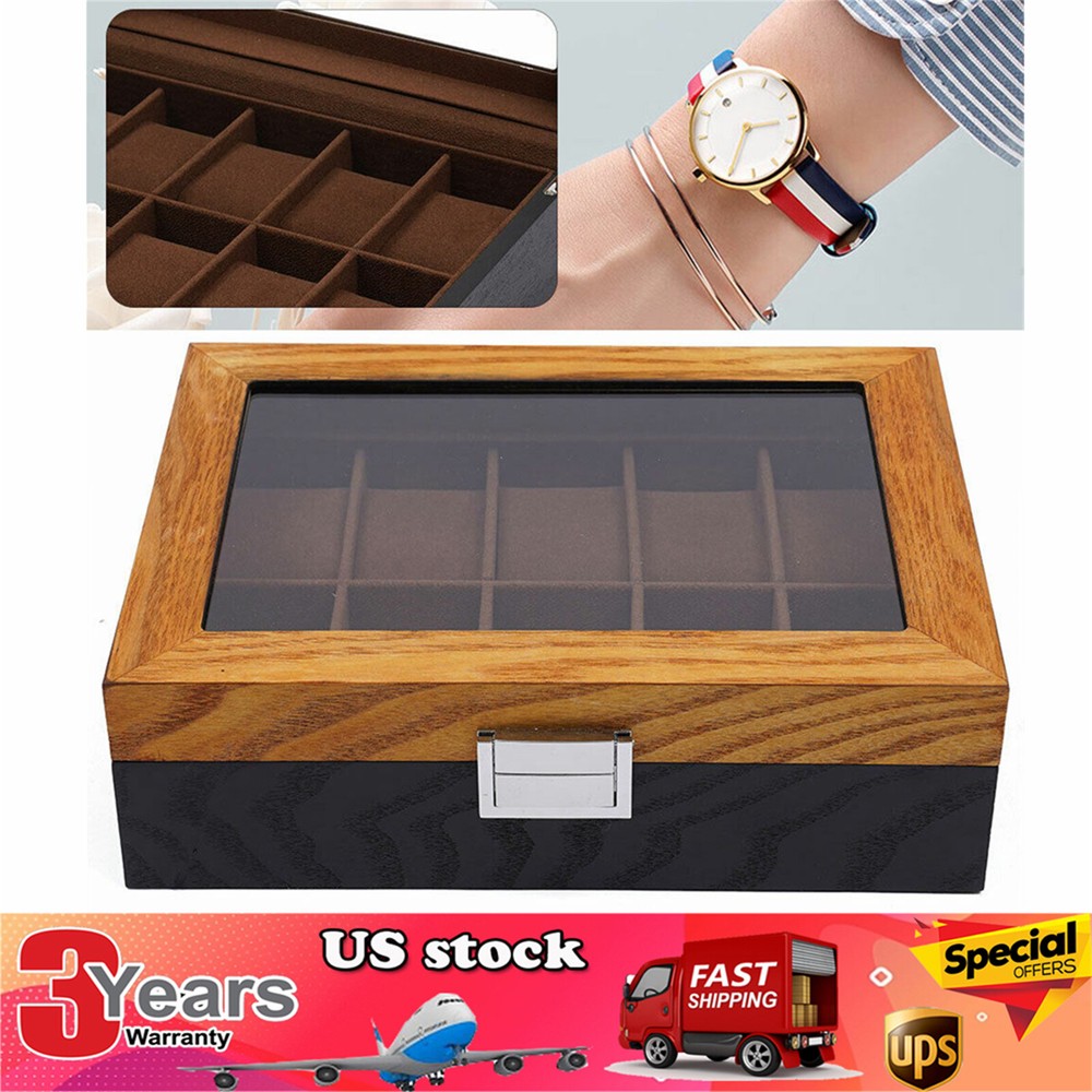 10/12 Slots Vintage Wooden Watch Box Organizer Watch Display Case with Glass Top
