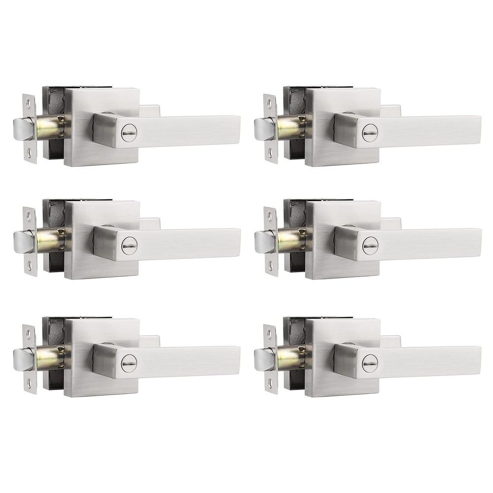 6 Pack Privacy Door Levers for Bed and Bath,Satin Nickel Finish, Square Door ...