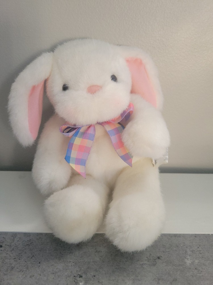Hallmark Cards White Bunny Rabbit Plush W/Plaid Bow Stuffed Animal Toy Blushing