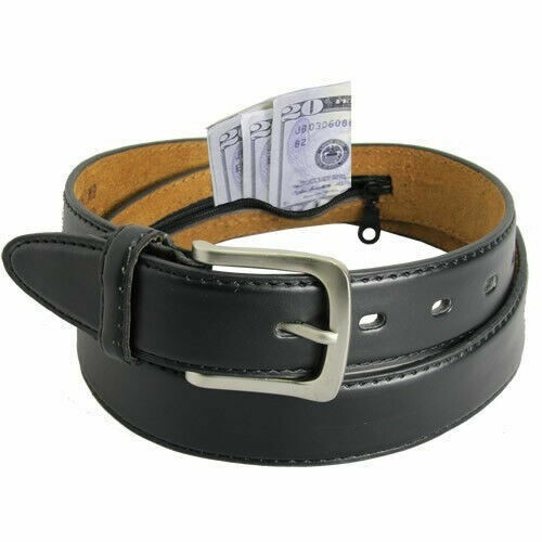 Genuine Leather Men Casual Money Zipper Safe Dark Brown Belt S M L XL. 1.1/4