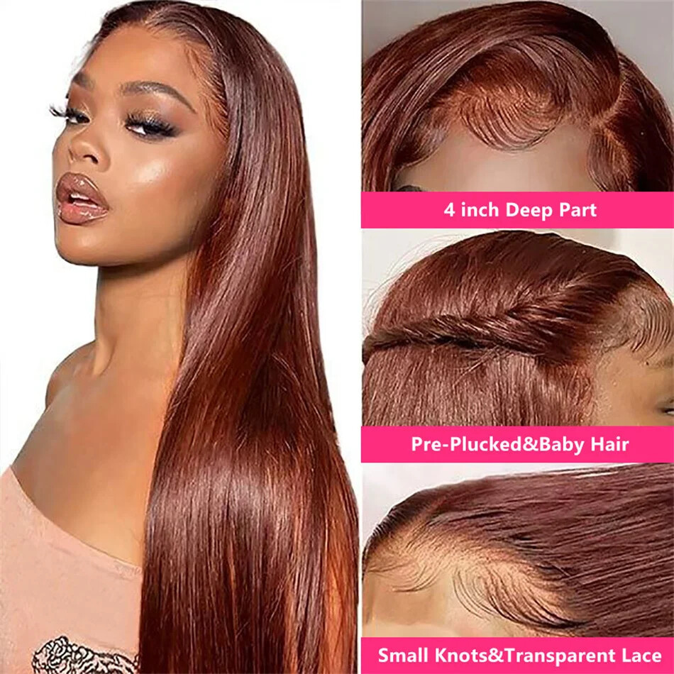 Glueless Reddish Brown 13x4 Transparent Lace Front Wig Human Hair Pre Plucked