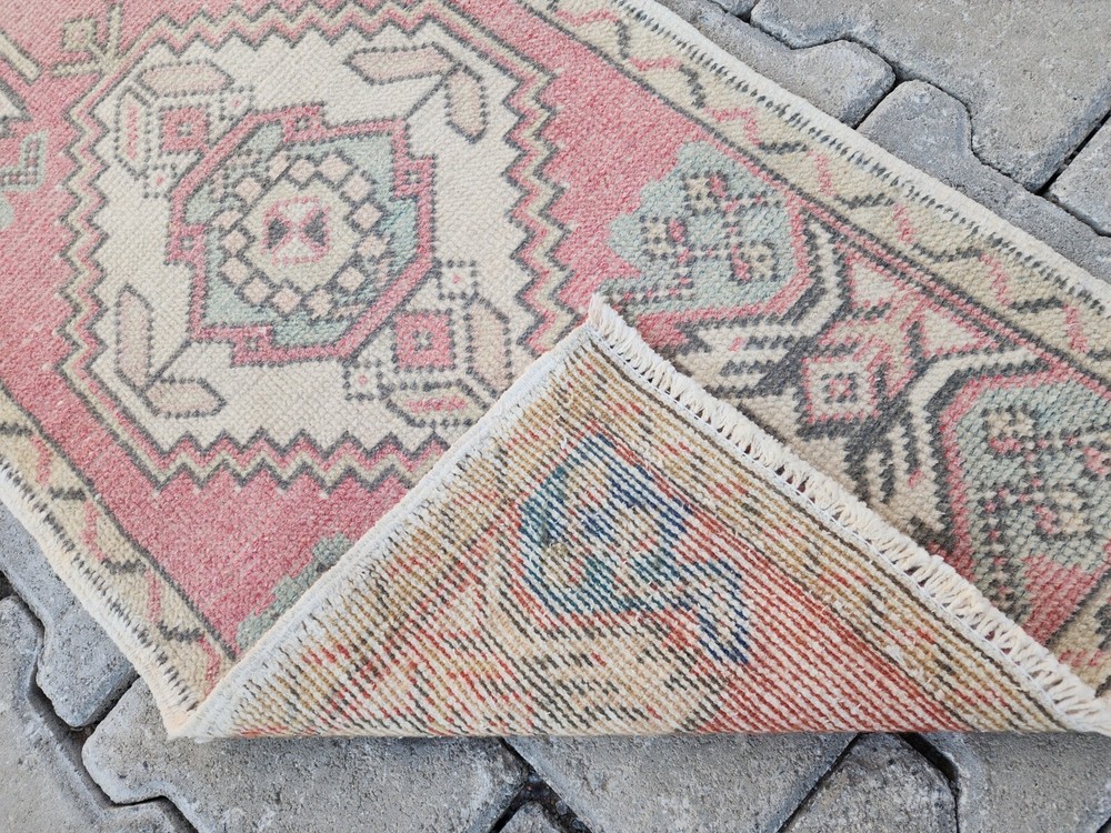 Mini Turkish Runner Rug 1.6x3.1ft Faded Pink Handwoven Wool Medallion Design