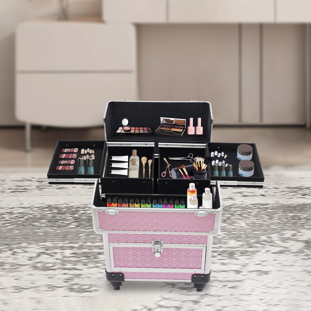 Rolling Makeup Train Case,Supports 44.09lbs,6 Compartments with Lockable Drawer