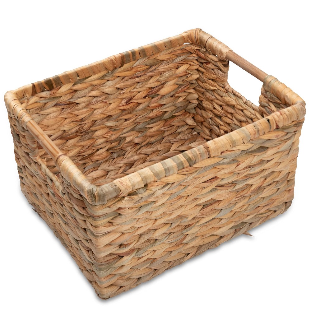 Large Rectangular Wicker Basket with Wooden Handles for Shelves and Storage -...