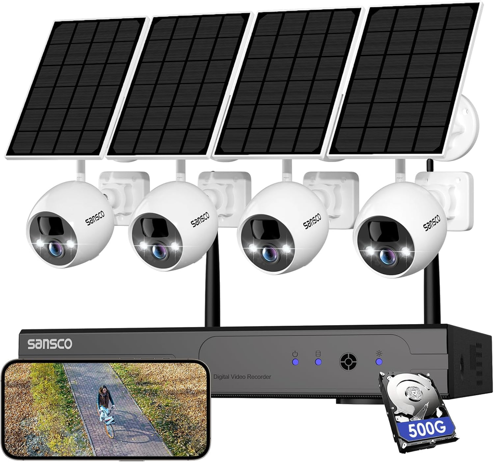 Solar Security Cameras System Outdoor, 10CH 2K NVR Wireless Recorder with 500GB