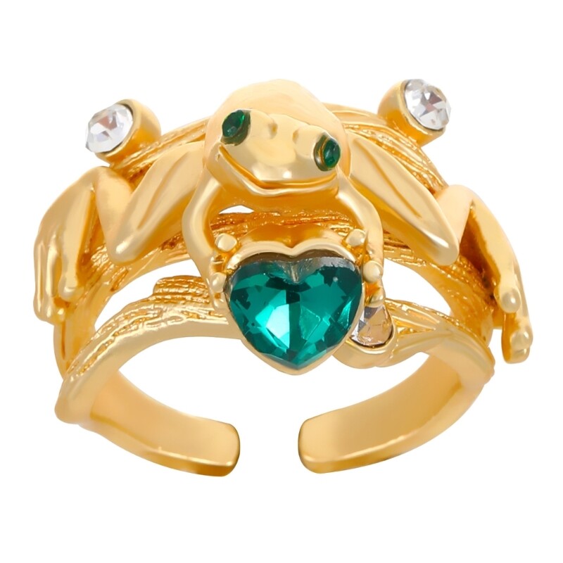 Emerald Heart Frog Hug Ring Trendy Animal Jewelry