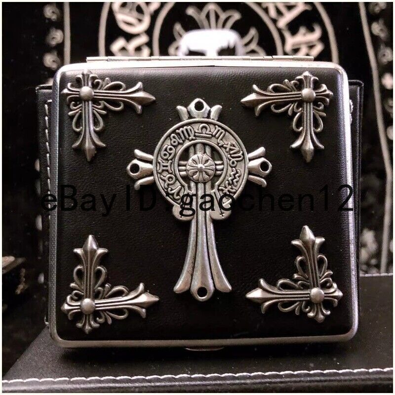 Vintage Portable Metal Leather Cross Pattern Double Sided Punk Cigarette Case