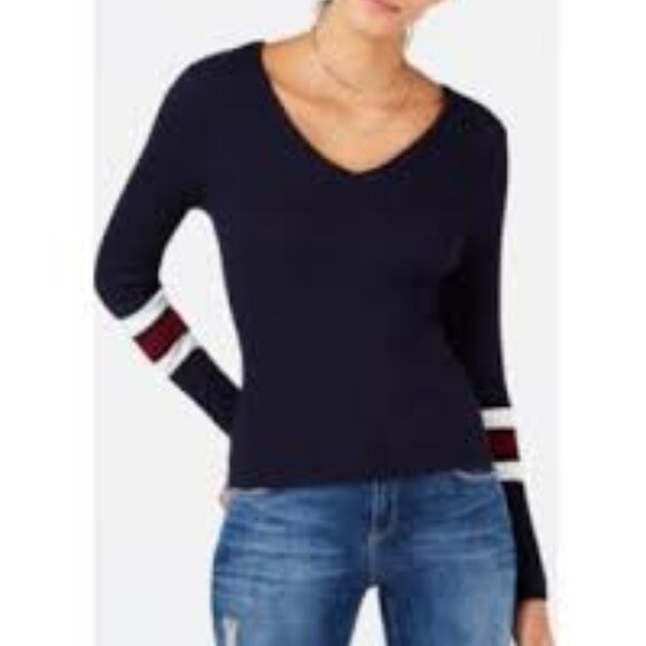 Hooked Up By IOT Lace Up Back Navy Varsity Striped Sweater Juniors Size XL-image