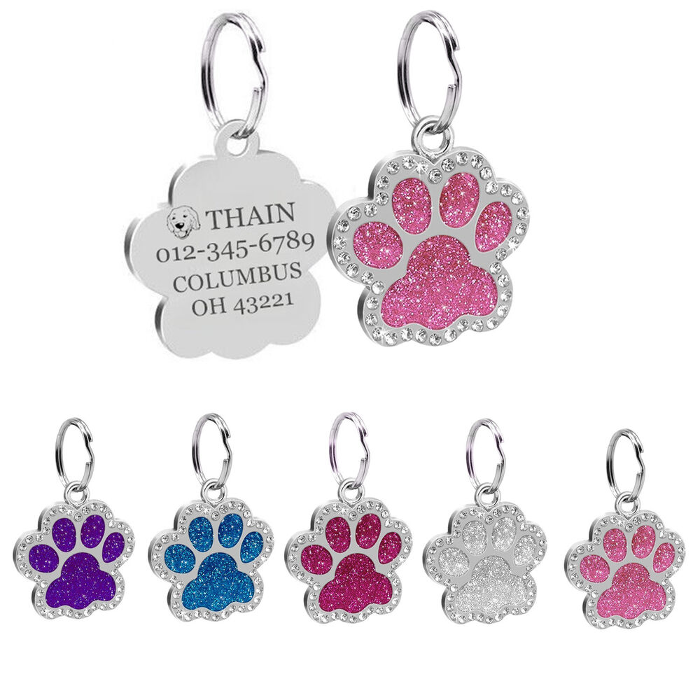 Personalized Dog Tags Bling Engraved Puppy Pet ID Name Collar Tag Paw GlitterA