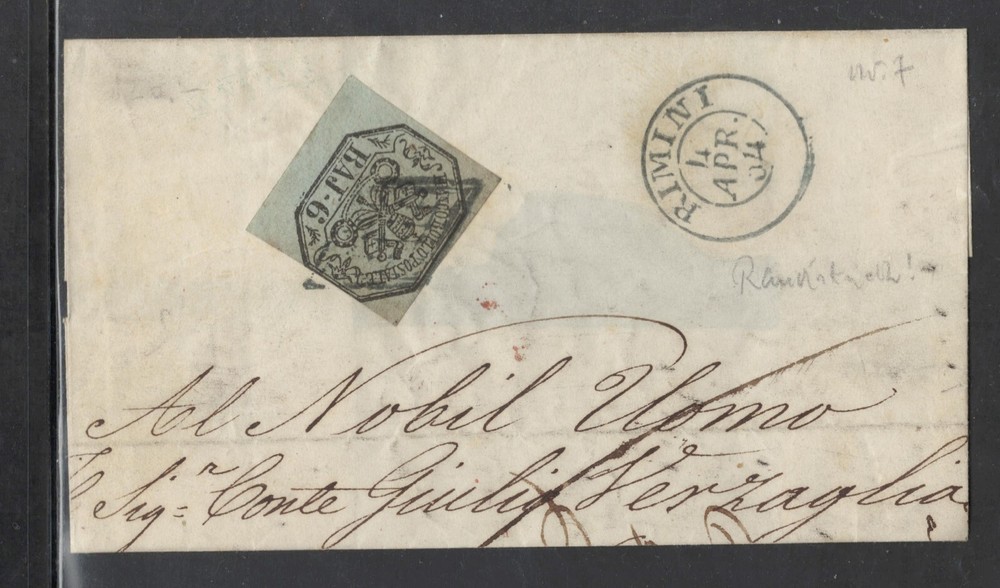 1852 Papal States 6 Baj On Green/Grey Paper Rimini To Rome (Backstamp In Red).-image