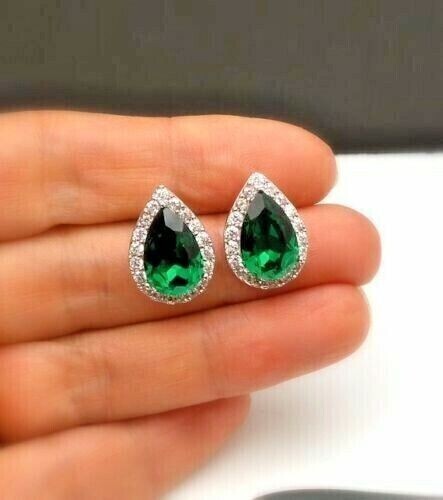 2.40 Ct Pear Cut Lab Created Green Emerald Stud Earring In 14K White Gold Plated