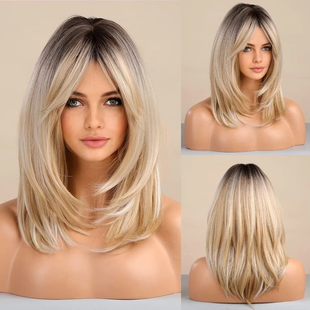 Long Layered Blonde Synthetic Wig with Bangs Natural Wavy Hair for Women