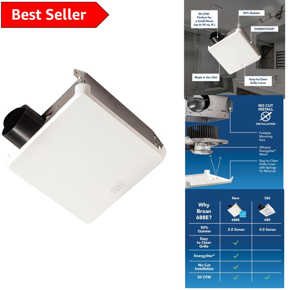 Lightweight & Easy Install Exhaust Fan, 50 CFM, Energy Star Certified, 2 Sones