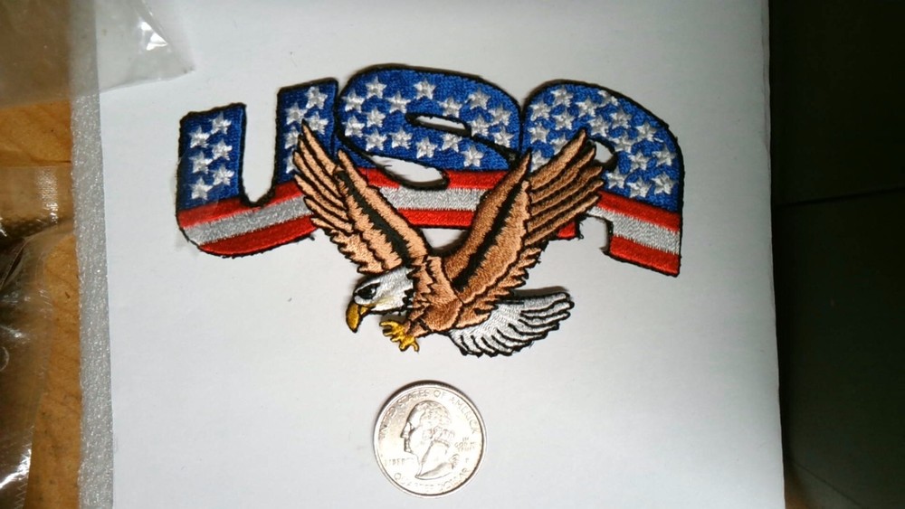 NOVELTY PATCH SEW ON RED WHITE AND BLUE USA CUT OUT AMERICAN FLAG WITH EAGLE
