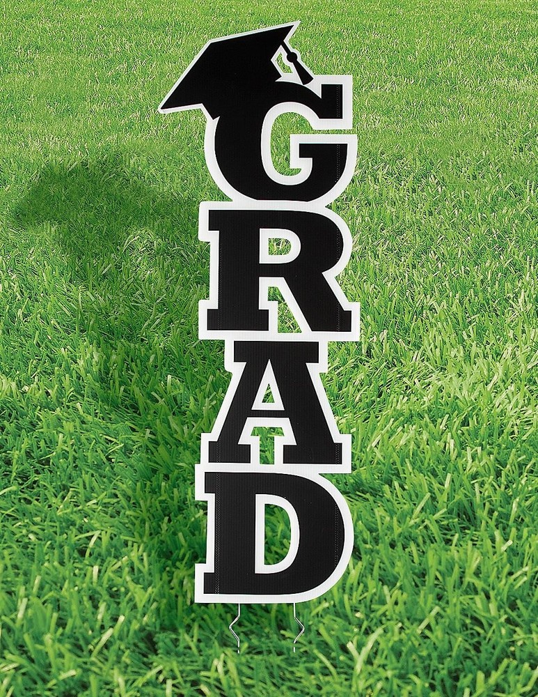 Black Vertical GRAD Cap Yard Stake Graduation Party Sign 11x30 Plastic Decor #629