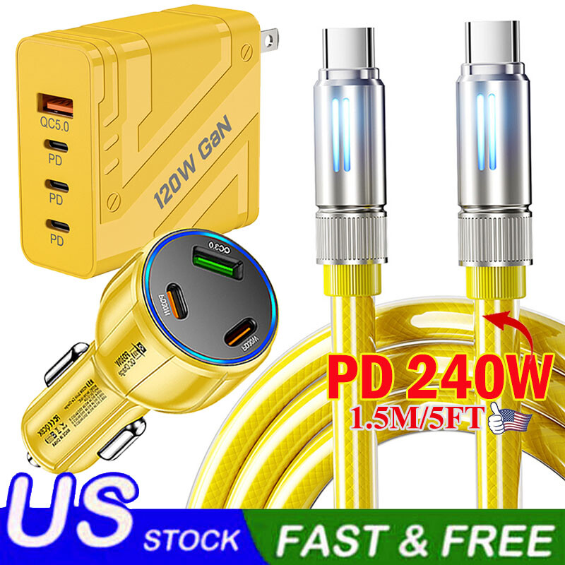 240W 4-Port USB C Fast Wall Charger Block ,PD 5FT Cable For All Cell Phone iPad