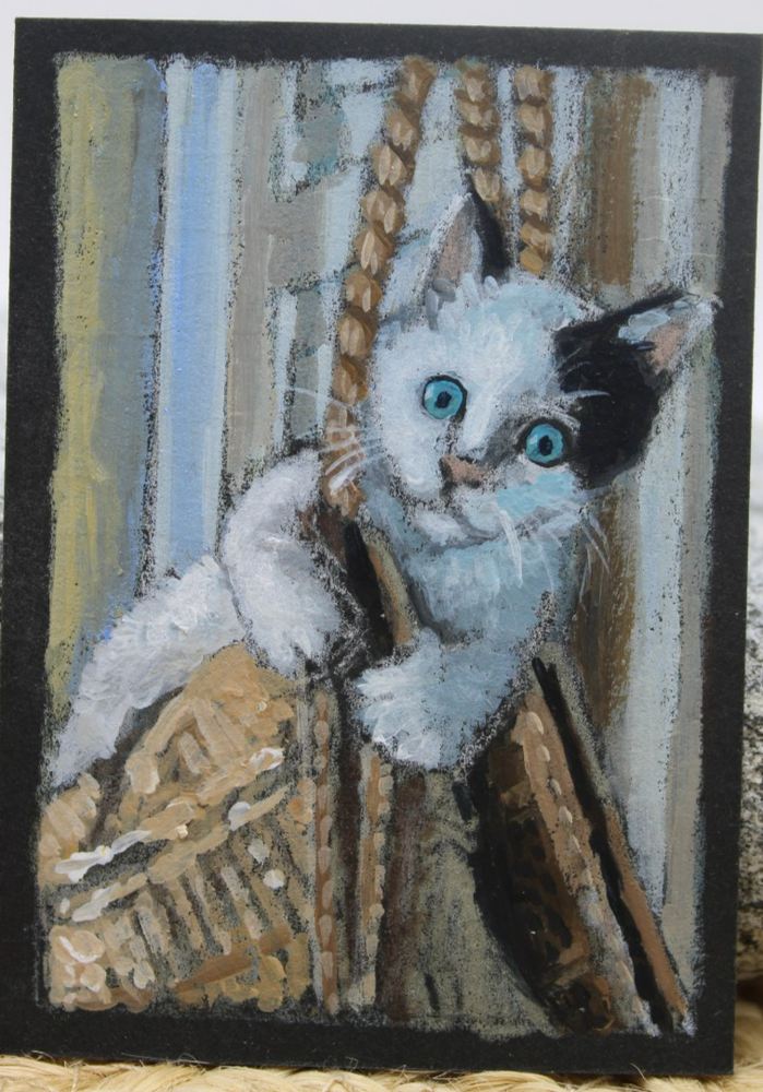 ACEO Original Cute Cat Kitten Art Mini Painting by Rockn Palette