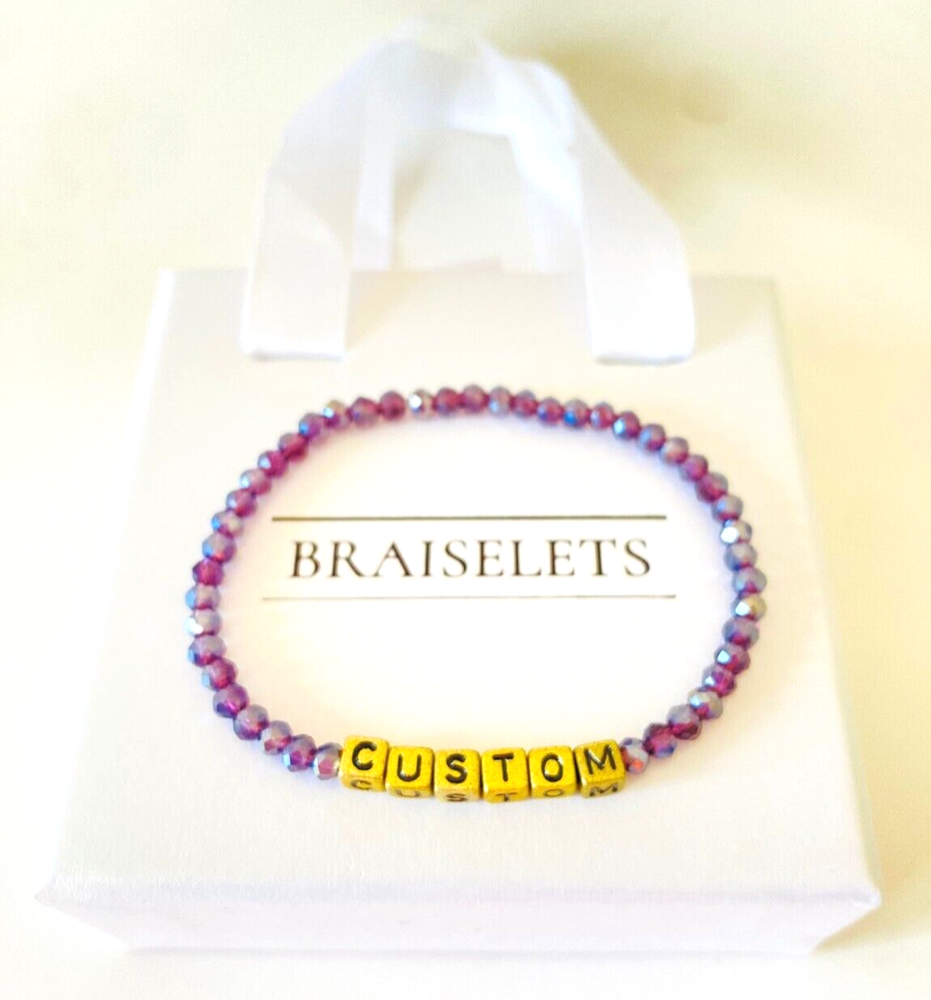 Personalized Name Bracelet 4mm Two-Tone Purple Beads Custom Gold Letters Dainty