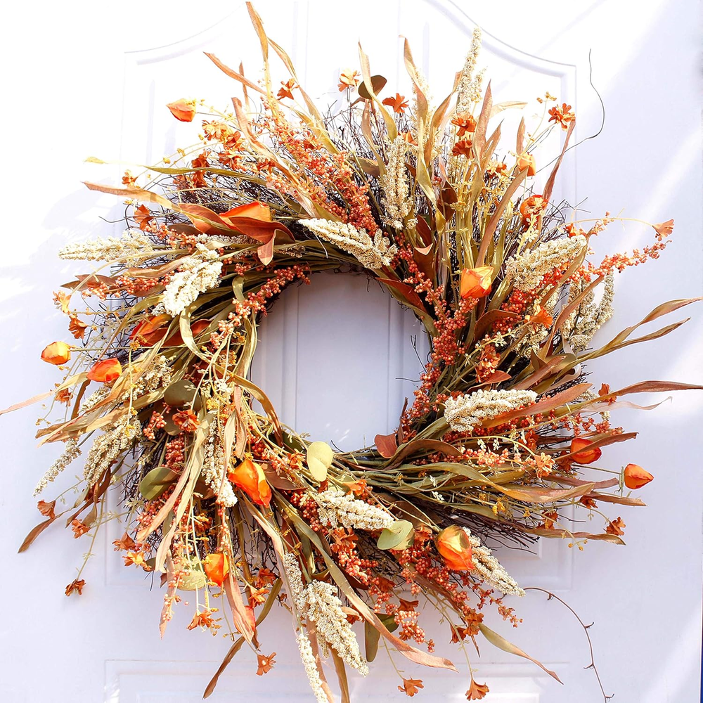 24-Inch Rustic Straw Farmhouse Fall Door Wreath for Front Door Decor
