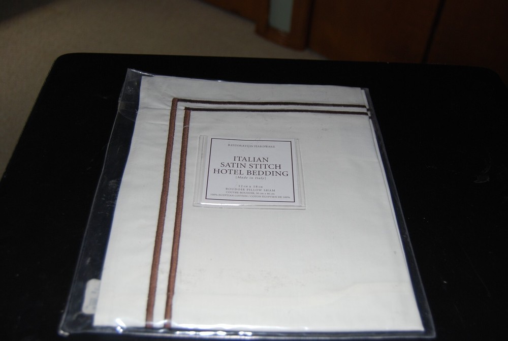 Restoration Hardware Italian Satin Stitch Boudoir Pillow Sham White with Brown