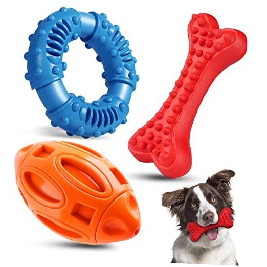 3-Pack Dog Chew Toys for Aggressive Chewers, Rubber Dog Toys for Ring