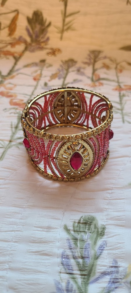 Pink Beaded Gold Cuff Adjustible bracelet - Excellent Condition