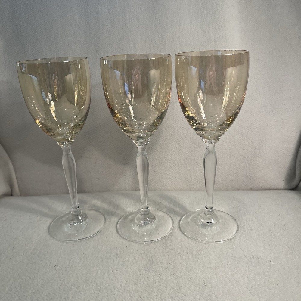 Pier 1 Amber Iridescent Wine Glasses with Clear Stem 6oz Set of 3 Blown Glass