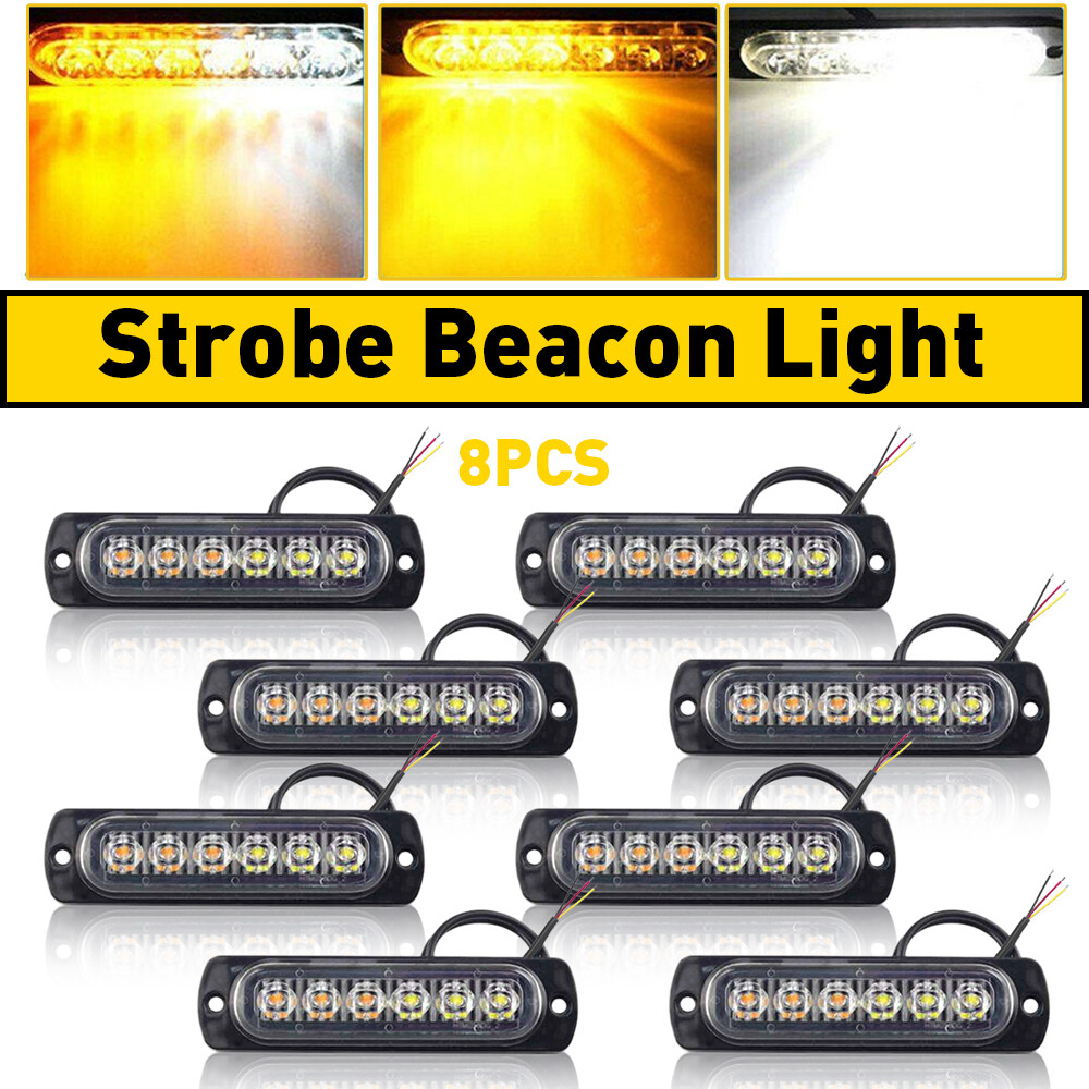 8X 6LED Car White & Amber Grille Emergency Strobe Light Beacon Warn Hazard Flash