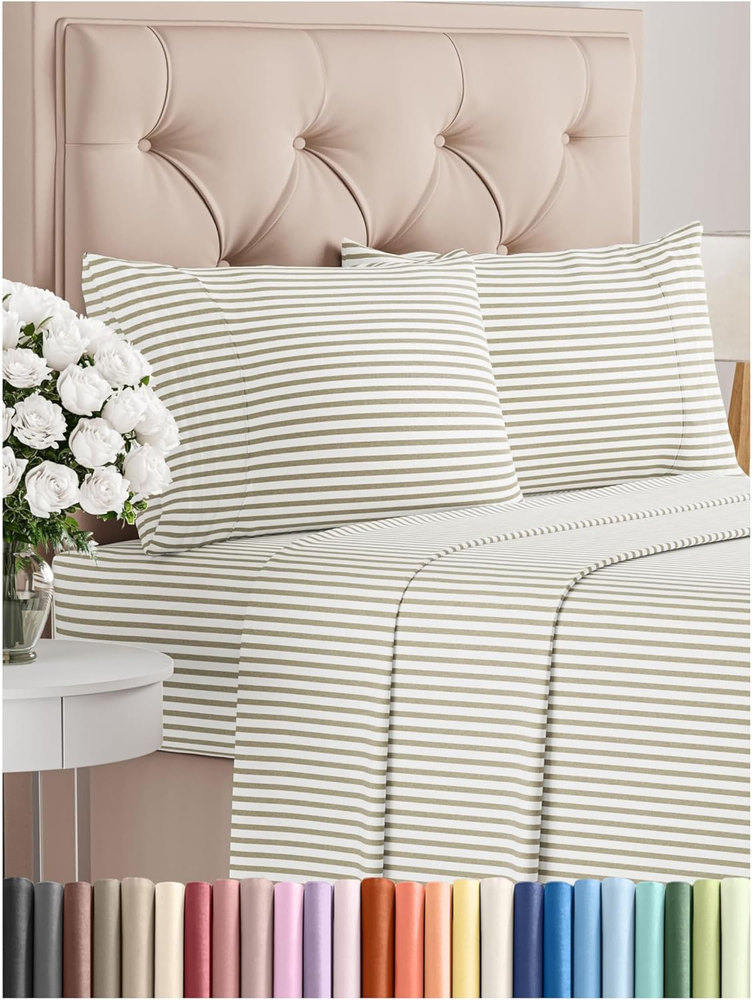 Cal King Cooling Sheet Set - Soft Deep Pocket Beige Stripes 4 Piece