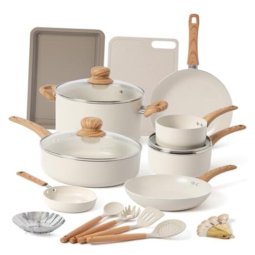 23-Piece Nonstick Pots and Pans Set with Light Wood Handles for Complete Kitchen Cookware