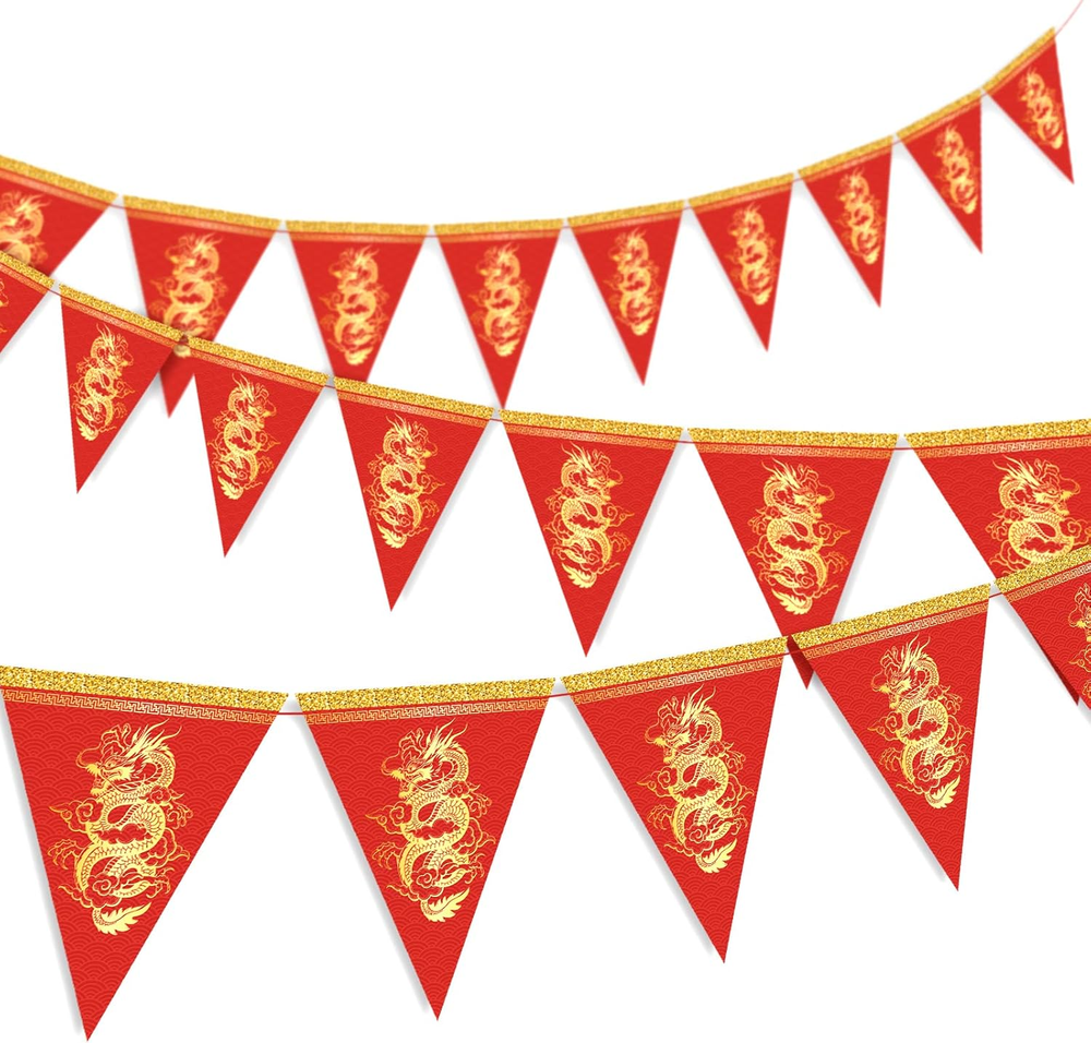 20Pcs Chinese New Year Dragon Pennant Banner 2025 Spring Festive Triangle Buntin