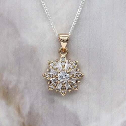 2Ct Round Cut Simulated Diamond Flower Pendant Necklace 14K Yellow Gold Plated