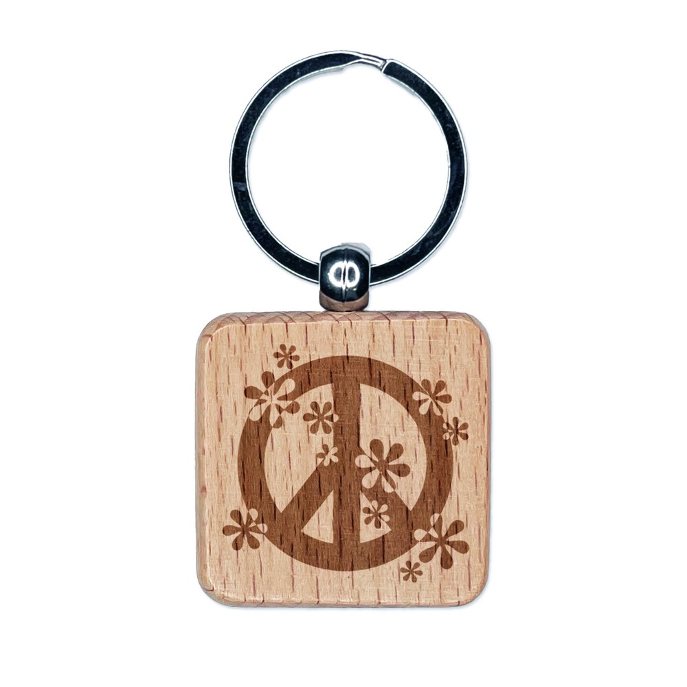 Peace Sign Floral Engraved Wooden Keychain Charm