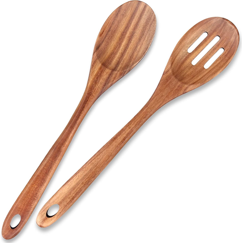 2-Piece 14 Inch Large Wooden Spoon Set Slotted Spoon with Hole and Non-Stick